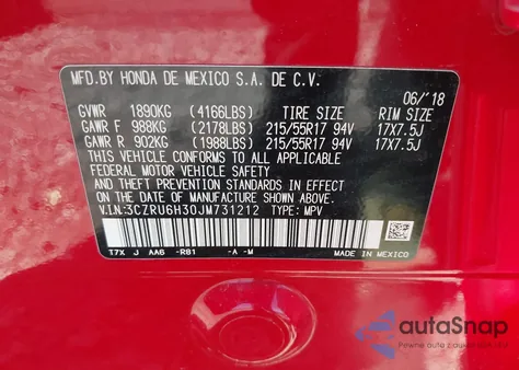 2018 Honda Hr-V Lx из США, поврежденный, VIN 3CZRU6H30JM731212